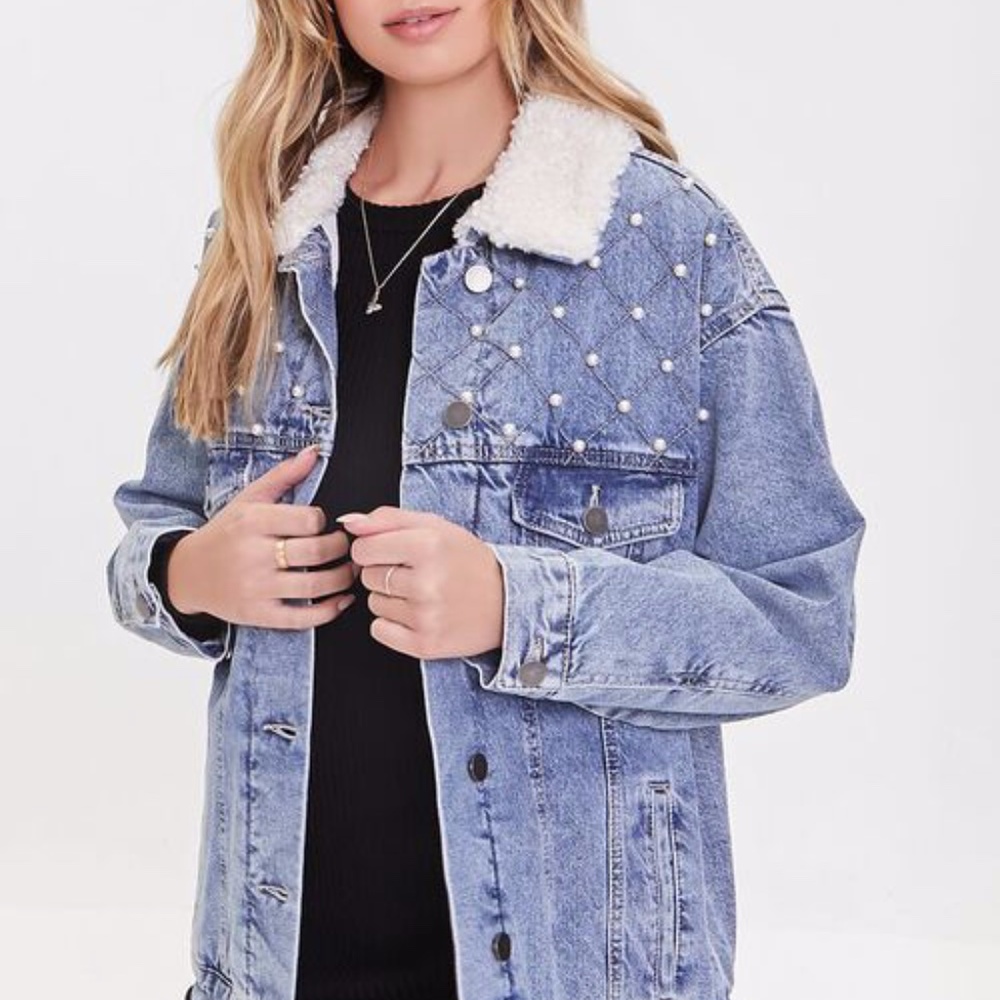 Faux Pearl Acid Wash Denim Jacket FOREVER21 NWT